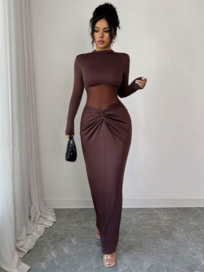 Damen Kaffeefarben Solide Elegantes Vielseitiges Cowl Neck Twist Mesh Splice Hochwertiges Bodycon Langarm Kleid, Sexy, Party, Thanksgiving, Neujahr, Date