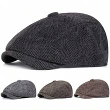 1pc Men's Herringbone Beret, Plaid Newsboy Cap, Casual Outdoor Hat For Street, Business And Party, Suitable For Autumn/Winter