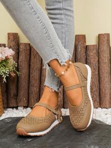 Zapatos de estilo Mary Jane con hebilla hueca para mujer, de estilo vintage, cómodos, transpirables, zapatos planos de unicolor, para primavera/verano - Caqui - Ver 5