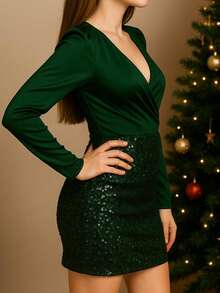 Vestido de Satén con Lentejuelas.  Vestido Corto Elegante y Sofisticado. - Verde Oscuro - Ver 3