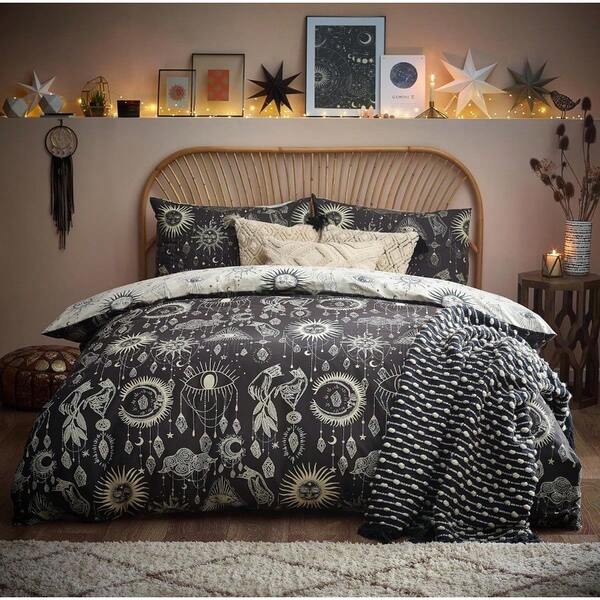 Furn. Constellation Duvet Cover Set Celestial Galaxy Print With Stars And Moons Reversible Polycotton Bedding Charcoal Cream Double