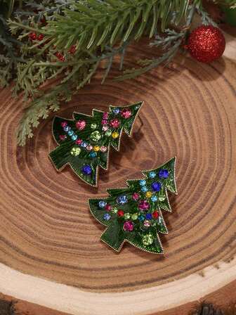 1 Pair Cute Rhinestone Christmas Tree Earrings, Fashionable Alloy Enamel Christmas Earrings