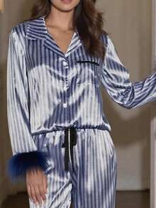 Satin Silk Pajama Set For Women Fall 2 Piece Striped Lounge Set Fuzzy Trim Long Sleeve Button Up T Shirt With Drawstring Elastic Waist Wide Leg Pants Matching Sleepwear Loungewear Set - Màu xanh lam - Xem 4