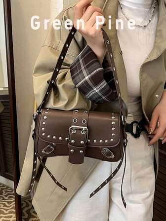 Y2K Fashionable Retro Rivet Women's Shoulder Bag, Underarm Bag, Crescent Bag, Lace-Up Belt Pliers Motorcycle Bag, Solid Color, Casual Daily Shoulder Bag Suitable For Shopping, Wallet, Shopping, Young Women, College Students, Newbies And White-Collar Workers. They Are Very Suitable For Office, University, Work, Business, Commuting, Outdoor, Travel And Outing