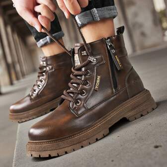 Men's Leather High-Top Boots, Casual Ankle Boots, Autumn/Winter, Waterproof, Black