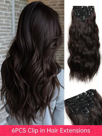 6件套合成纤维夹式接发，20英寸长波浪厚实假发片，女士全头渐变色假发片