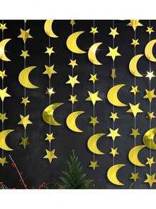 1pc Ramadan Star & Moon Wreath - 78.74/157.48 Inch Gold Shiny Paper Star & Moon Decor, No Electricity Needed - For Home, Decor, Party Or Holiday Celebration, Ramadan Home Decoration - Multicolor - View 1