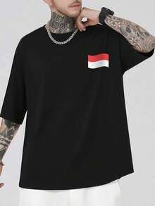 Maglietta con bandiera indonesiana (autunno), 100% cotone, vestibilità ampia, traspirante, stile hip hop urbano, design grafico, stampa fronte-retro. - nero - Visualizzare 2