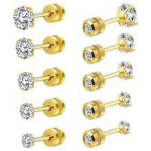 1 對男女圓形雙端方晶鋯石不銹鋼耳釘 - 金色 - 查看 5
