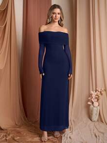 PARTHEA Off Shoulder Ruched Sequin Mesh Long Dress - Navy Blue - View 4