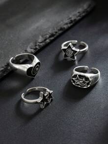 4pcs/Set Punk Hiphop Spiral Star Multielemental Metal Open Rings Set, Vintage Fashion, Suitable For Wedding, Party, Holiday, Casual, Street Snap, Men & Couples, Holiday, Birthday, Versatile Jewelry Ring Gift
