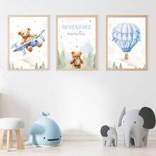 1幅帆布墙画，带框儿童房墙画，泰迪熊主题儿童房装饰：热气球、飞机、花园图案。适用于儿童房、婴儿房、育儿室、幼儿园、男孩房/女孩房、游戏室装饰。防水。派对装饰礼品。 - 彩色 - 查看 2