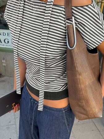 Women's Striped Asymmetric-Shoulder Batwing Sleeve Cropped Top, Knit Fabric, Fashionable Tie Detail