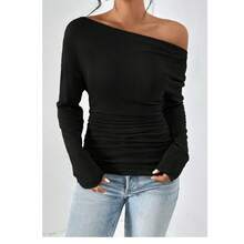 Women's Plain Minimalist Basic Ruched Asymmetrical Neck Drop Shoulder Tee, Elegance Mufti Clothes, Fall Long Sleeve T-Shirt For Everyday, Back To School T Shirts, Lady Clothes For Streetwear, Womenswear, Casual Wear - 綠色 - 查看 1