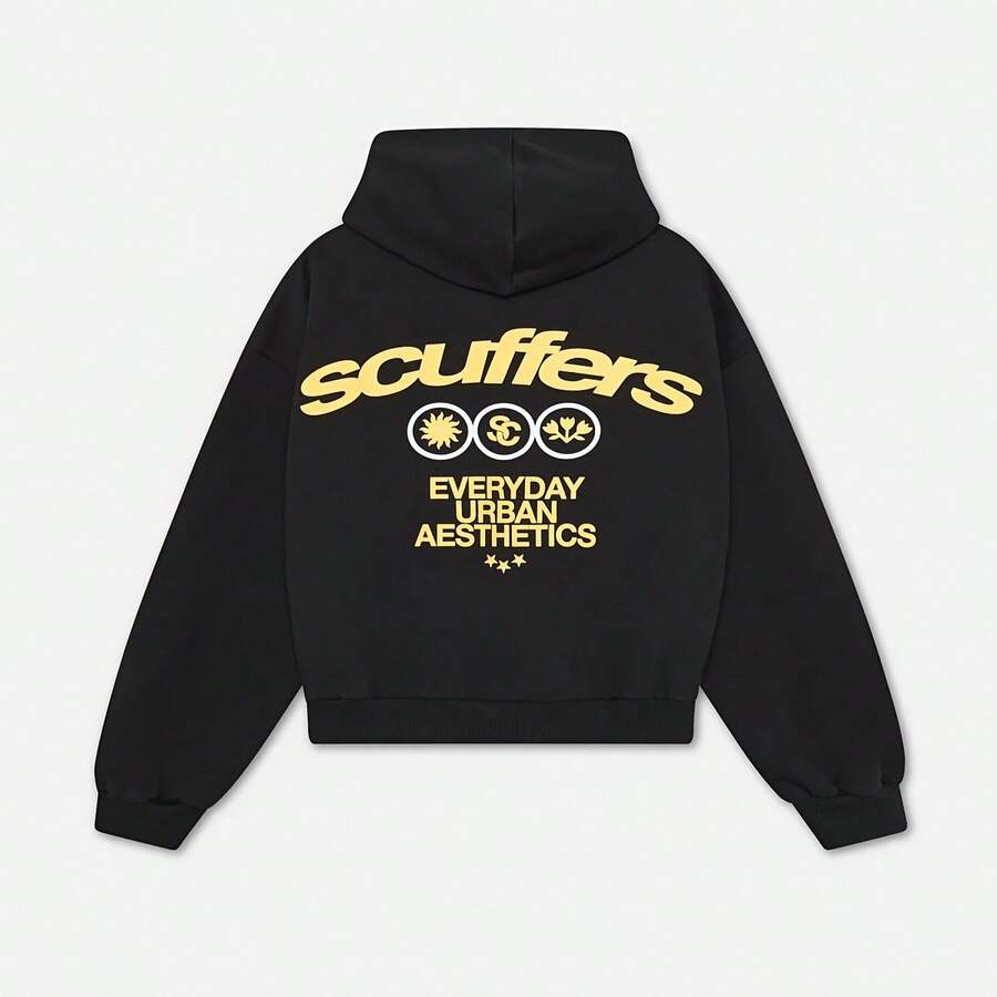Heavyweight Plus Size Black Hoodie - Unisex Street Style, Eye-Catching White SCUFFERS Pattern Print And Urban Aesthetic Design, Comfortable Loose Fit, Machine Washable, Suitable For Fitness And Daily Casual Wear, Fashion Statement, Everyday Versatile Cute Sweatshirt, Men's Style, Hooded Style, Soft Material, Durable Fabric, Suitable For Youth - màu đen - Xem 1