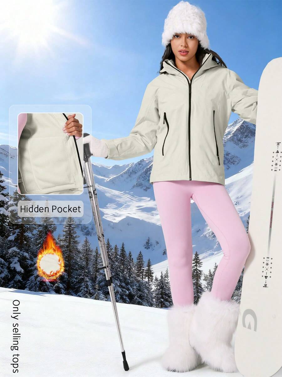 NcmRyu 1件装女士撞色跑步徒步骑行户外夹克滑雪服白色冬季运动服 - 白色 - 查看 1