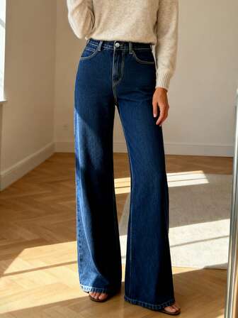 Women's Casual Commuter French Elegant Zipper Elastic High Waist Wide Leg Straight Jeans, Autumn/Winter