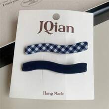 海军蓝格纹发夹套装，手工女士发饰，完美打造日常休闲时尚造型，百搭发夹提升您的日常风格，节日配饰，假日女士发型配饰，头部饰品，发夹 - 藏蓝色 - 查看 5