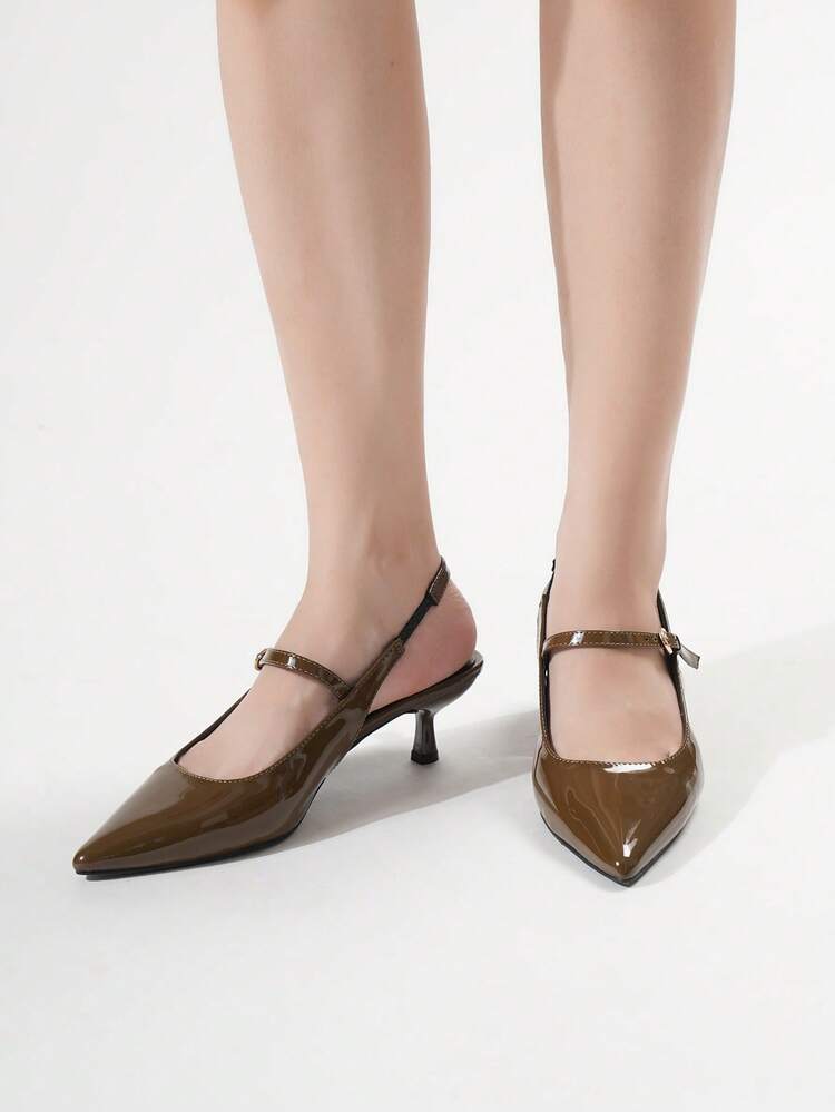 Sandalias de tacón de gatito con hebilla de metal y puntera puntiaguda de unicolor minimalista para mujer, tacones altos abiertos y sexys de moda, adecuados para verano, fiesta, boda, Día de San Valentín - Caqui - Añade 5