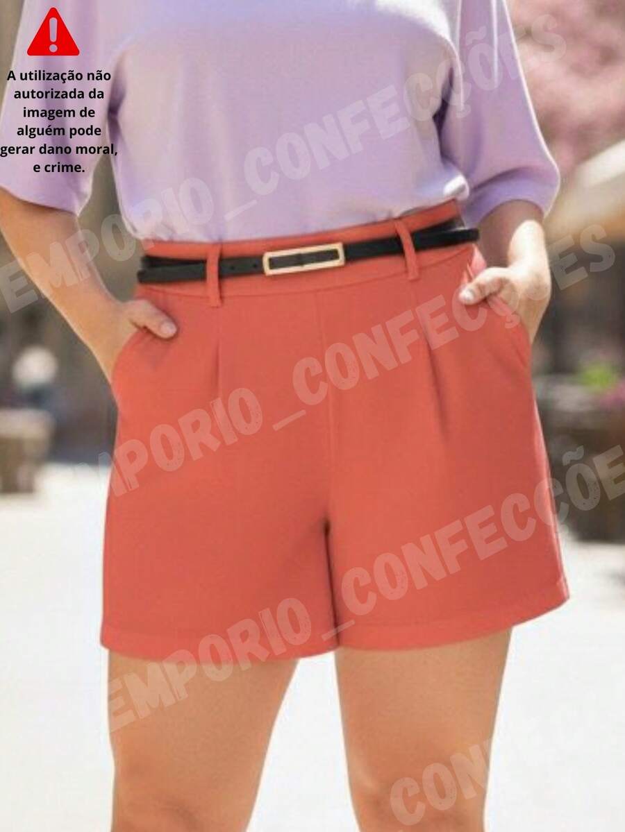 Tailored Plus Size Shorts With Elegant Belt For Summer - Coral Pink - View 1