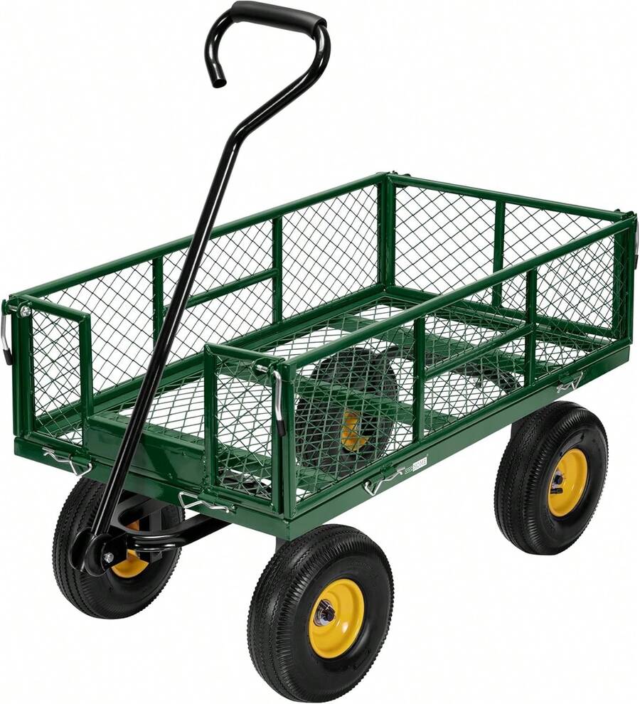 Heavy Duty 880 Lbs Capacity Mesh Steel Garden Cart Folding Utility Wagon With Removable Sides And 4.10/3.50-4" Wheels 10 Inch Tire(Green) - 綠色 - 查看 1