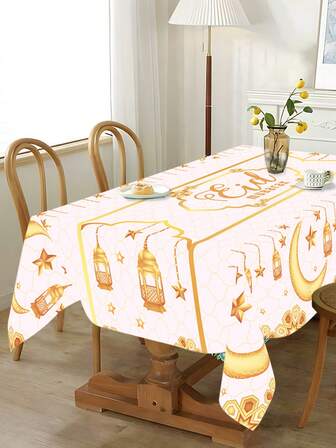 1pc White Gold Eid Mubarak Tablecloth, Crescent Moon Lantern Star Design Plastic Table Cover, Eid Mubarak Decoration Table Cloth, Ramadan Decoration For Home, Holiday Kitchen Dining Table Decor,Home Decor Room Decor, Ramadan Party Decor, Party Favor, Ramadan Kareem, Islam Muslim Event Party Supplies, Eid Al Adha Gift,Ramadan Mubarak Islam Advent Day,Waterproof Table Runner, Easy To Clean