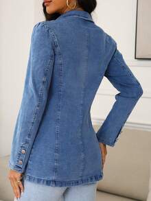 Women's Light Blue Lapel Denim Blazer - 中等水洗藍 - 查看 3