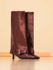Giày bốt cao đến đầu gối có khóa cài thời trang thu đông dành cho nữ, giày bốt cao gót mũi nhọn thanh lịch, gợi cảm, giày bốt ống quần cổ điển, giày bốt cao đến đầu gối, giày bốt bắp chân rộng, giày bốt kiểu Pháp - Màu Đỏ Sâu - Xem 2