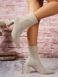 Women's New Knitted High Heel Ankle Boots, Pointed Toe High Heels, Fashionable Chunky Heel Elastic Boots, Slim Fit Sock Boots, Suitable For Commuting And Office, Autumn/Winter - Beige - View 6