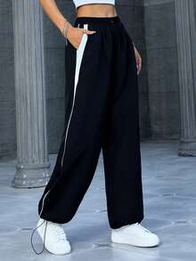 Contrast Color Striped Polyester Drawstring Pocket Casual Sports Outdoor Pants For Women, Spring/Autumn - Black - View 3