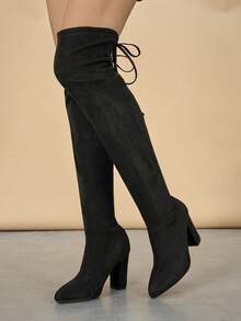 Fall/Winter New Women's Fashion Comfortable Versatile Solid Color Pleated Elastic Pull-On Over-The-Knee High Heel Cowboy Boots - Black - View 1