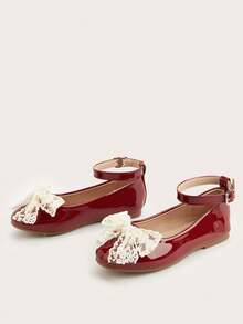 1 Pair Girls' Toddler/Little Kid Elegant Dual-Layer Tulle, Pearl, Bow PU Leather Flat Soft Round Toe Party Shoes, Versatile New Style Suitable For Spring, Summer, Autumn - Burgundy - View 5