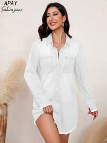 Women's Full White Denim Shirt Dress, Long Sleeve Button-Down Denim Jacket Dress, Casual Spring/Summer Outfit - White - View 5