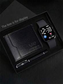 3/1 Set, A Simple And Stylish, Affordable Silicone Strap Student Cartoon Electronic Digital Watch (Suitable For Boys To Wear). Boys' Watch + A Black High-End Style Wallet Case + A Black Overall Style Pen. This Is An Excellent Gift For Boys When They Go To School, And A Christmas Gift For Boys. - Multicolor - View 5