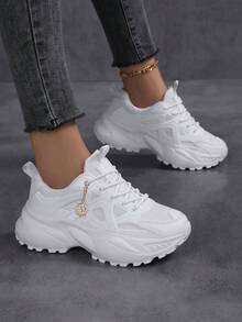 时尚厚底女式运动鞋，撞色圆头皮革系带运动鞋，轻便透气运动鞋，防滑耐穿户外网球鞋，厚底鞋，白色运动鞋，舒适休闲女鞋 - 白色 - 查看 4