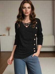 Women's Loose Fit V-Neck Long Sleeve Top, Elegant Solid Color, Spring/Autumn - Black - View 3