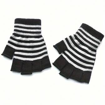 1 Pair Women'S Half-Finger Gloves - Striped Thermal Winter Gloves, Durable Jacquard Design For Cycling, Outdoor & Casual Use, Windproof & Warm, Cold Weather Accessories, Cycling Gear | Stylish Winter Gloves