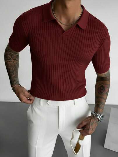 Polo de punto de manga corta y cuello polo de unicolor para hombre, de verano