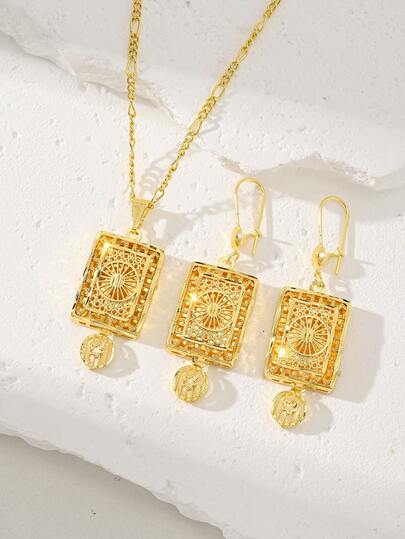 24K Gold Plated Copper Classic Pendant Necklace & Earrings Set, Fashionable, Luxurious, Elegant, Suitable For Women's Daily Casual Wear, Alternative To Gold, Travel & Holiday, Wedding Jewelry, Gold Set