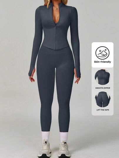 Yefecy Gatuklart träningsset för kvinnor, korsettmodell med dragkedja och rumplyftande byxor, från gym till gatumode