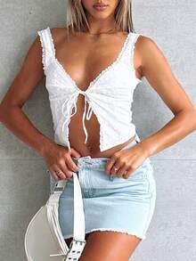 Women Y2k Tie Front Lace Trim Cami Tank Tops Camisole Sleeveless Backless Slim Fit Lacing Camisole Crop Tops Summer Cute Going Out Tops For Party Club Streetwear - 白色 - 查看 4