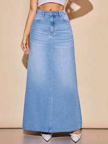 Women's Slim-Fit Mid-Length Non-Stretch Denim Skirt, With Split Hem Detail And Pockets, Casual Mid-Length Denim Skirt For Spring, Summer, Autumn, Winter - Light Wash - View 3