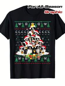 Men'S Border Collie Dog Graphic T-Shirt - Cute Collie Puppy & Adult Collie Design With Santa Hats, All-Season Comfort Fit S-3XL - Black - View 2
