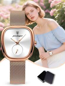 POEDAGAR 1pc Elegant Women's Rose Gold Stainless Steel Quartz Wrist Watch With Water Resistance Function, Mesh Strap Oval Dial Design, Fashion Ladies Watches Suitable For Daily Occasions, Women's Gifts