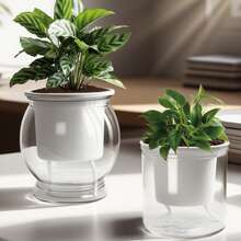 طقم أصيص زهور ذاتي الري بحبل قطني - أصيص راتنجي شفاف ثنائي الطبقة مع خزان مياه مدمج، تصميم ري آلي سهل العناية للنباتات الداخلية والخارجية، ديكور حديقة المنزل، مناسب لنمو النباتات الصغيرة والأعشاب - أبيض - مشاهدة 3