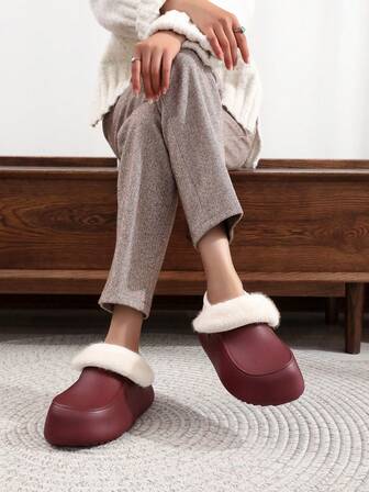 Women's Indoor Warm Slippers, Removable Sole, Solid Color Casual Fabric & Faux Fur Patchwork Slippers, Cool Slippers For Home In Winter