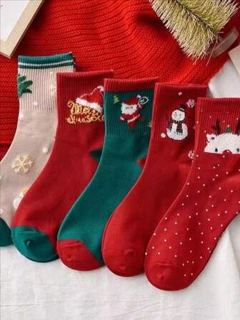 5双装女士秋冬节日卡通驯鹿可爱圣诞袜