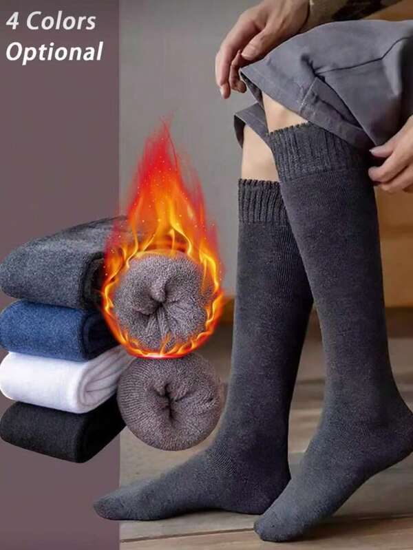 1/3 Pairs Of Men's Calf Socks,Plush Lined Snow Socks Towel Socks,Knee-High Socks With Moisture Wicking & Odor Control, Thickened And Plush Super Thick Socks, Men's Long Socks, Solid Business Men's Socks, Warm And Soft,Suitable For Autumn And Winter Seasons