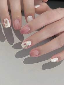 24片/套 短款渐变郁金香花朵简约人造美甲贴纸，甜美可移除全覆盖美甲贴，适合女孩/女士日常生活、派对、旅行及其他装饰用途 + 1片果冻胶 + 1片指甲锉 美甲贴纸 美甲用品 - 彩色 - 查看 10