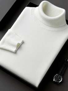 男士休闲高领毛衣，通勤和叠穿皆宜，秋冬季长袖上衣 - 白色 - 查看 1